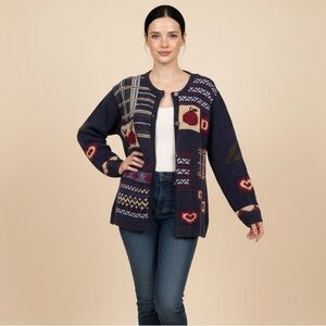 Vintage Hand Embroidered Northern Reflections Navy and Red Patterned Cardigan